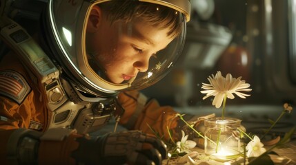 A child astronaut in a space helmet examining a jar of flowers, illuminating the beauty and curiosity found in the intersection of nature and science.