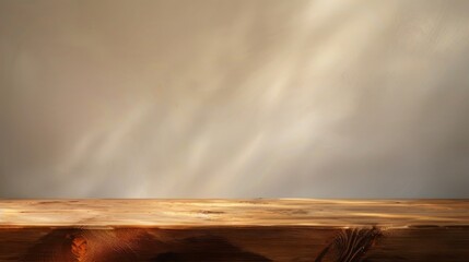 Wooden countertop in the kitchen. Empty product table against a beige wall background. Brown podium for presentation. Interior with a platform for advertising eco-cosmetics.