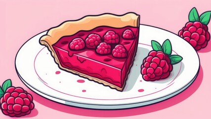 illustration a piece of raspberry cake on white table, raspberries near plate, homemade vitamin pie with fresh berries, close-up, soft focus, art, picture