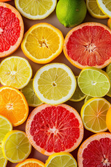 Fototapeta premium citrus fruit on the table, lemon, lime, orange, grapefruit top down