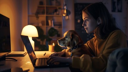 Obraz premium Businesswoman working on laptop computer sitting at home with a dog pet and managing her business via home office during Coronavirus or Covid19 quarantine : Generative AI