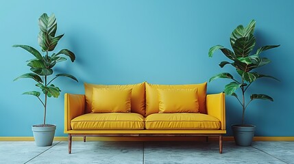   A yellow couch sits before a blue wall, with two potted plants on top and a yellow pillow behind