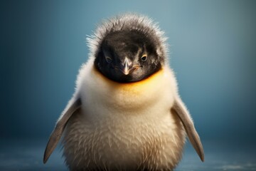 Naklejka premium Close-up of a cute emperor penguin chick with soft feathers on a blue background