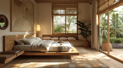 The photo shows a bedroom with a bed, a bench, a plant, and a few other pieces of furniture
