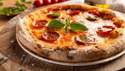 hot italian pizza with small basil leaves; business commercial concept