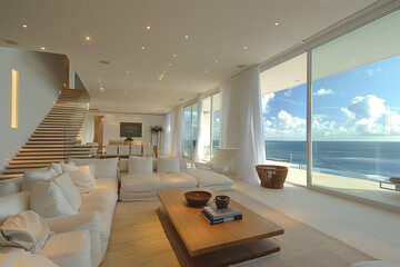 Stylish coastal living area with bamboo and white oak decor, centered around a modern coffee table, illuminated by late morning light, reflecting a beachside vibe and open architecture.