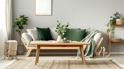 A modern living room with a light wood sofa wooden coffee table and green pillows and throw blanket 