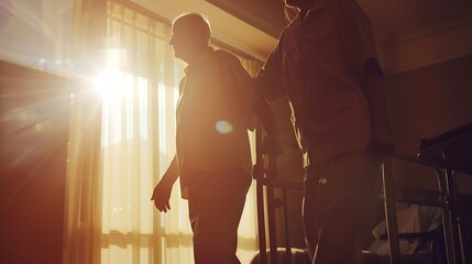 Young nurse helping elderly man walk in the room holding his hand supporting him Treatment and rehabilitation after injury or stroke life in assisted living facility senior care concep : Generative AI