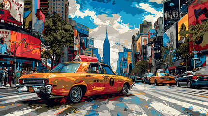 Comic Book Style of a New York City Pop Art,
Vibrant colors illuminate modern city street backdrop
