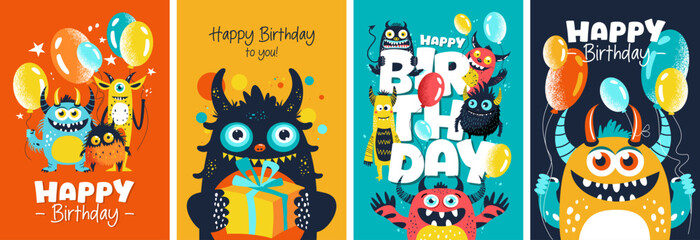 Set of postcards with cute little monsters, gift and balloons. Holliday, party, vacation, happy birthday. Vector templates for card, poster, flyer, banner and other