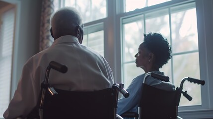 Portrait of nurse and her senior client on wheelchair looking out of window : Generative AI