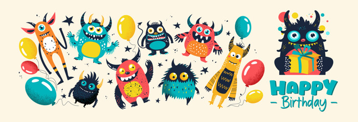 Obraz premium Vector illustration with cute little monsters, gift and balloons. Holliday, party, vacation, happy birthday. Vector templates for card, poster, flyer, banner and other