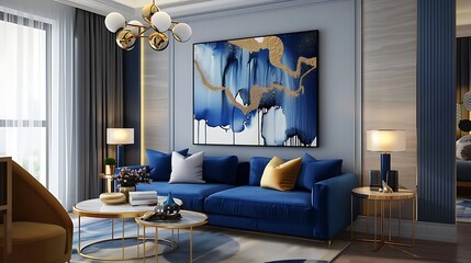 A modern living room with blue sofa gold pendant light and wall painting 