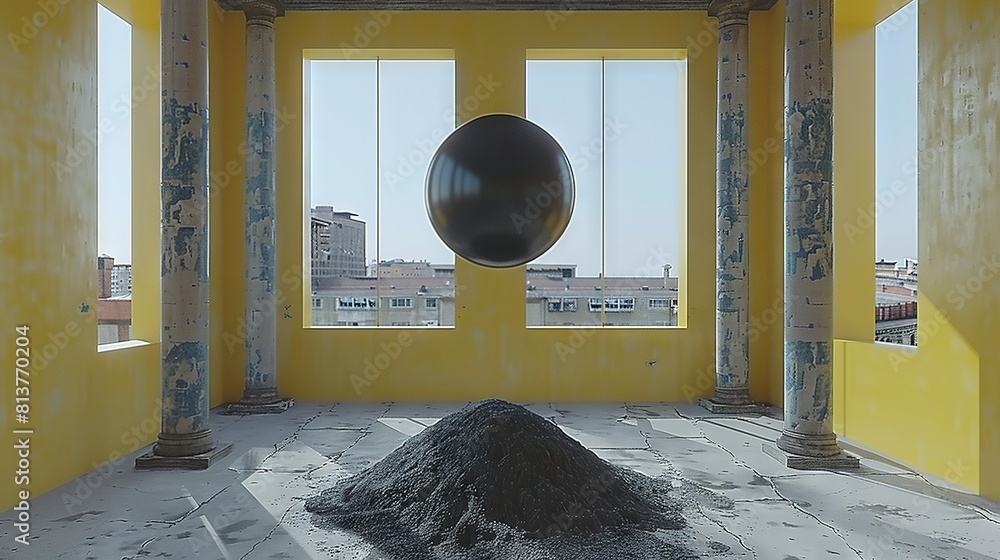 Poster a room with yellow walls and two large black objects centered