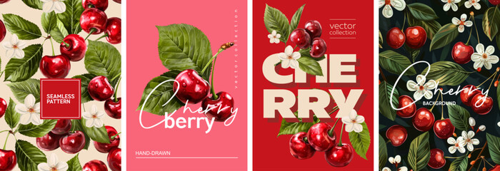 Hand drawn set of designs and patterns. Vectorized gouache illustrations. Illustrations of red cherry berry with flowers and leaves for poster, prints, menu, card or textile