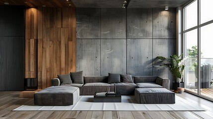 A modern living room with concrete walls and wooden panels on the walls 