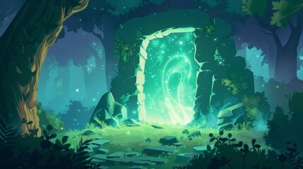 This cartoon illustration depicts a magic portal on top of a stone structure within a forest. A mysterious landscape backdrop contains a glowing gate entrance surrounded by green plasma and swirls of