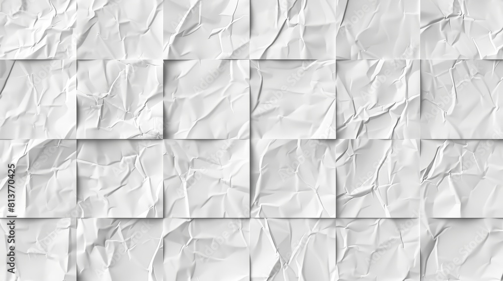 Poster Glued paper texture with a realistic effect of wet paper sheet or crumpled fabric. Modern seamless pattern of empty adhesive squares on a white background.