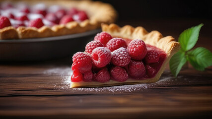 food photography a piece of raspberry cake on wooden table near plate, homemade vitamin pie with fresh berries, close-up, soft focus, cinematic style
