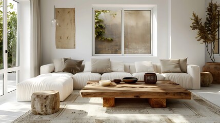 A modern living room with white walls featuring an oversized wooden coffee table and a large sofa in beige or brown tones 