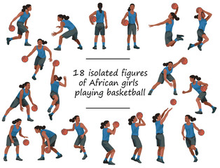 18 black girls playing women's basketball in blue jersey standing, running, jumping, throwing, shooting, passing the ball