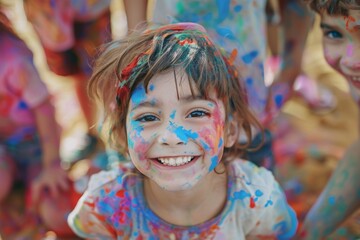 Fototapeta premium Many children with paint all over their faces