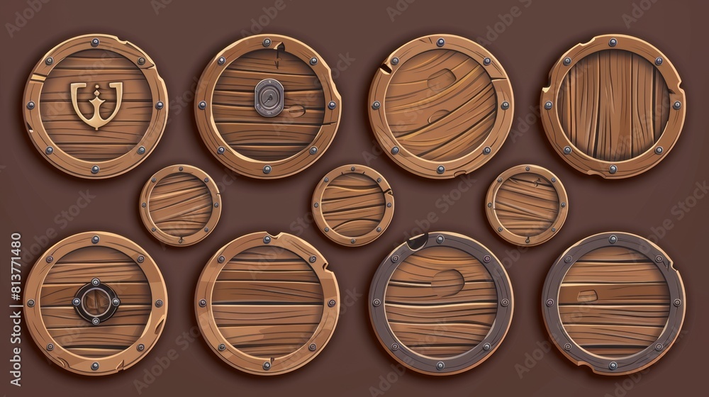 Poster modern cartoon set of brown ui elements with wood texture. circle buttons with signs isolated on whi