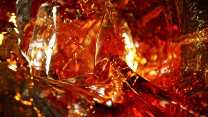 Closeup of ice cube inside glass of whiskey.