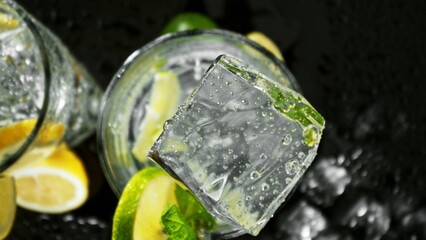 Closeup of ice cube falling into glass of summer drink.