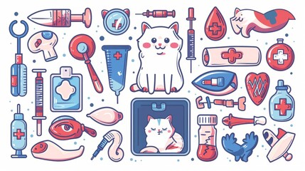 Hand drawn veterinarian medicine icons with doctor case, syringe, cat with bandage, grooming tools, thermometer, and stethoscope. Modern symbols of veterinarian medicine, sick pets.