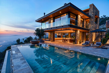 Luxury modern villa with big pool in a mountain landscape