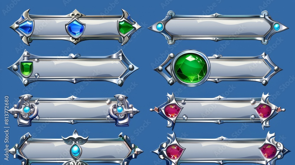 Poster modern cartoon set of blank metal banners with fancy borders and gemstones for rpg game gui design. 