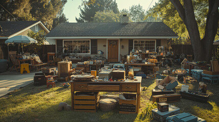 Suburban yard sale with various items for sale.