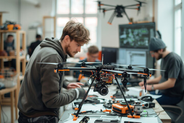 Team of engineers working on assembling and testing drones in a modern workshop.