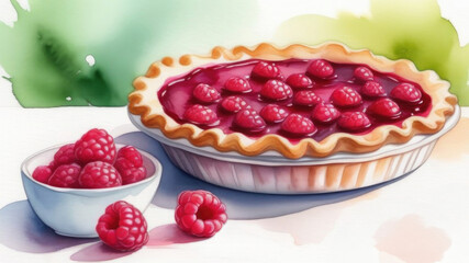 watercolor picture of raspberry cake on white table, raspberries near plate, homemade vitamin pie with fresh berries, close-up, soft focus, art, illustration