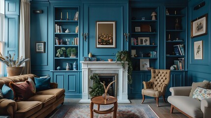 A photo of an elegant living room with blue walls a white fireplace and shelves on the sides 