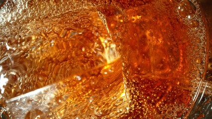 Closeup of ice cube inside glass of cola.