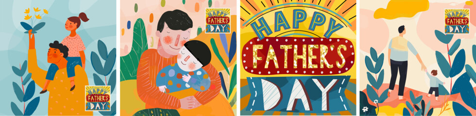 Happy Father's Day. Vector cute stylized abstract illustration of dad and child sitting on shoulders, portrait, walking family in nature, logo for greeting card, poster or flyer