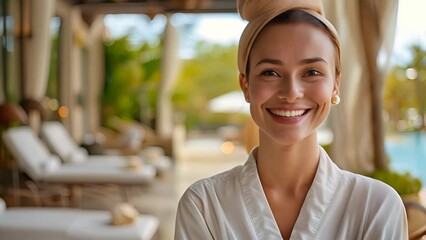 woman in a spa uniform, smiling in a tranquil spa environment, relaxing decor
