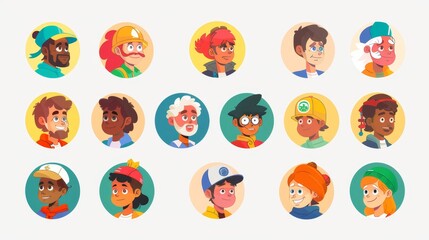 A collection of people avatars, isolated round icons featuring male and female faces of varying ages. Ideal for social media user profiles, line art flat modern images.