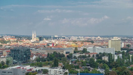 Panorama of the city center timelapse of Zagreb, Croatia, with modern and historic buildings, museums in the distance.