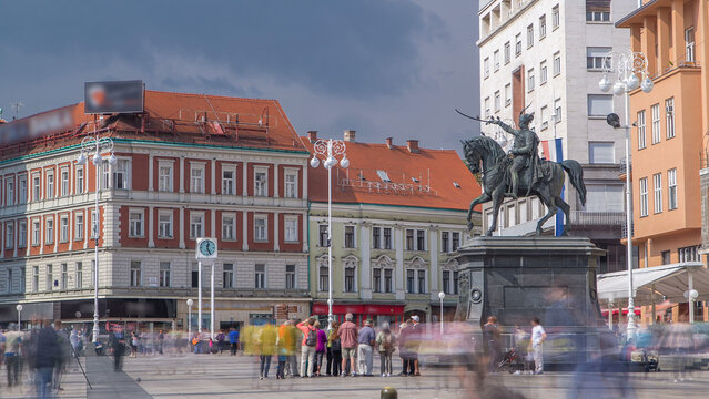Central city square Trg bana Jelacica timelapse and Ban Jelacic monument in Zagreb, Croatia.