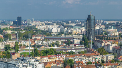 Obraz premium Panorama of the city center timelapse of Zagreb, Croatia, with modern and historic buildings, museums in the distance.