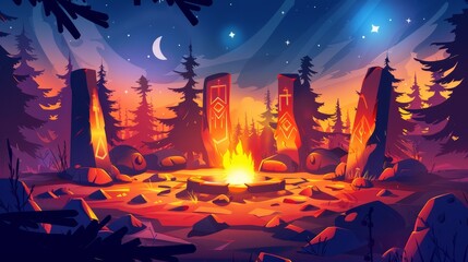 A celtic round stone platform, pillars, and fire in a forest at night. Modern cartoon illustration with birch trees and an abandoned sacred altar.