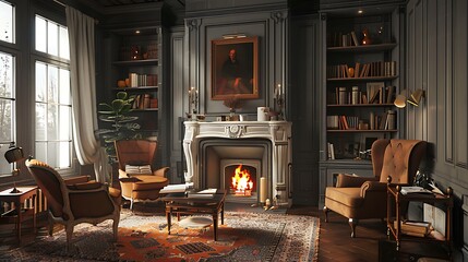 Fototapeta na wymiar A photo of the perfect room with grey walls cozy fireplace and warm armchairs 