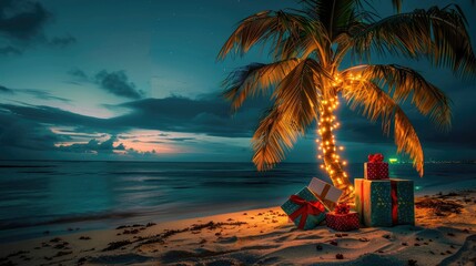 Palm trees in decoration on exotic beach at night