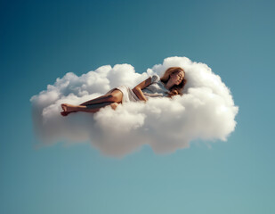 Young woman is sleeping sweetly on a single cloud in the sky. Comfort concept