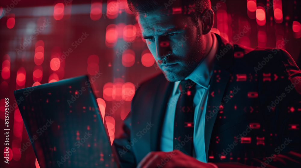 Poster a man in a suit is sitting in front of a computer with a laptop open. he is wearing glasses and he i
