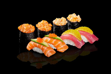Assorted nigiri and gunkan maki with salmon and tuna