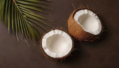 Whole and half coconut golden palm leaf on brown background Creative layout with coconuts Minimal flat lay style top view